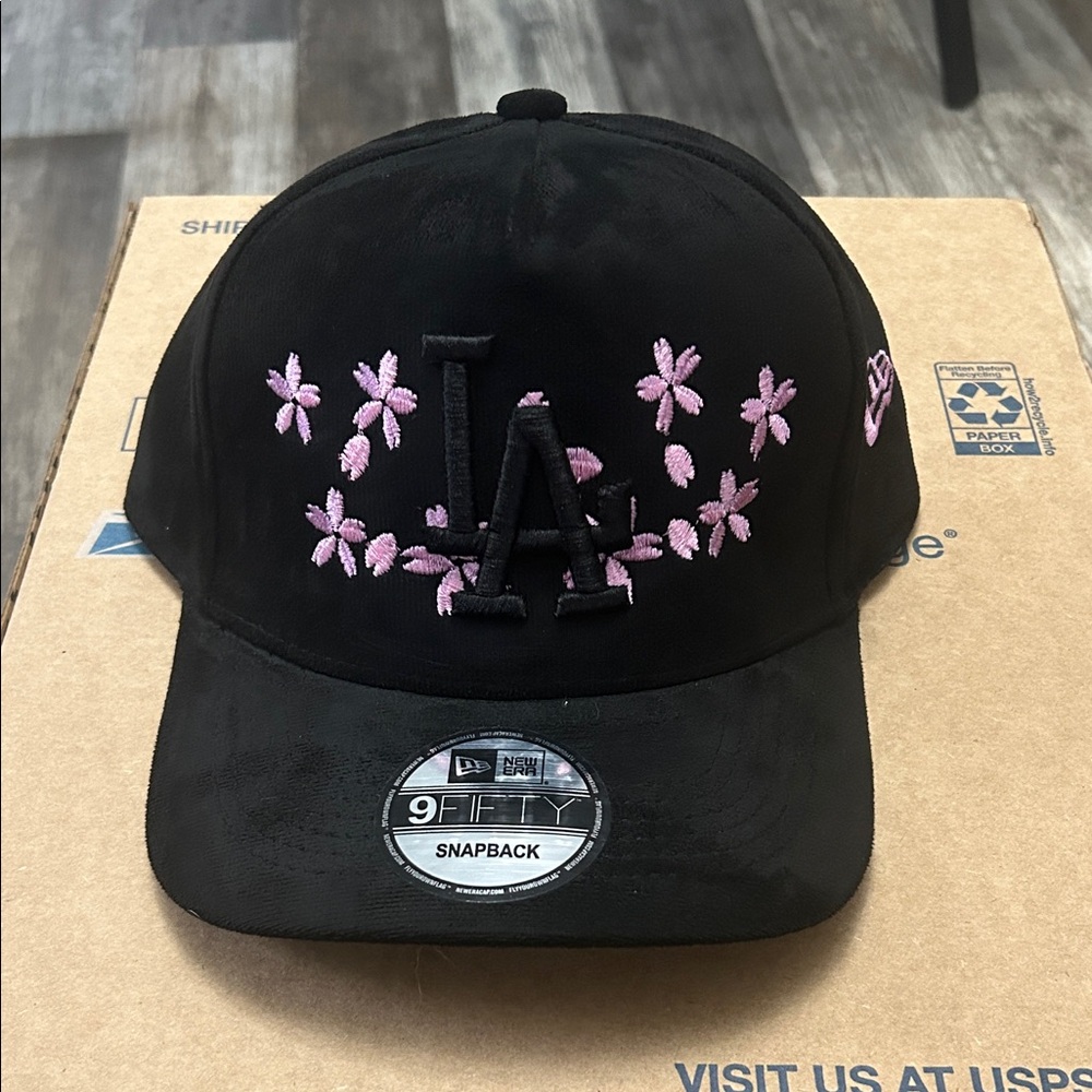 Black Hat with Pink Floral Embroidery